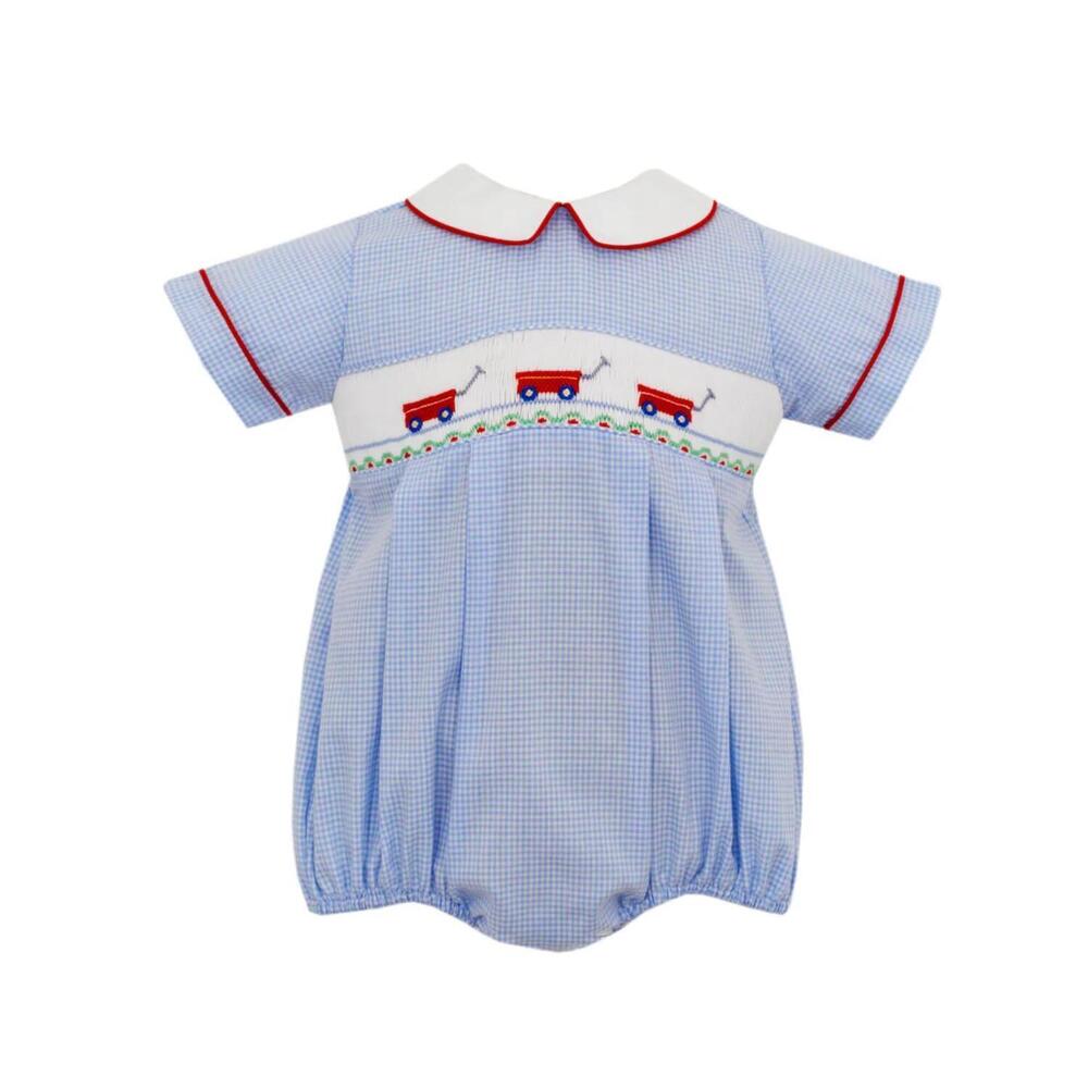 NEW PETIT BEBE girls smocked bubble onesies in red wagons